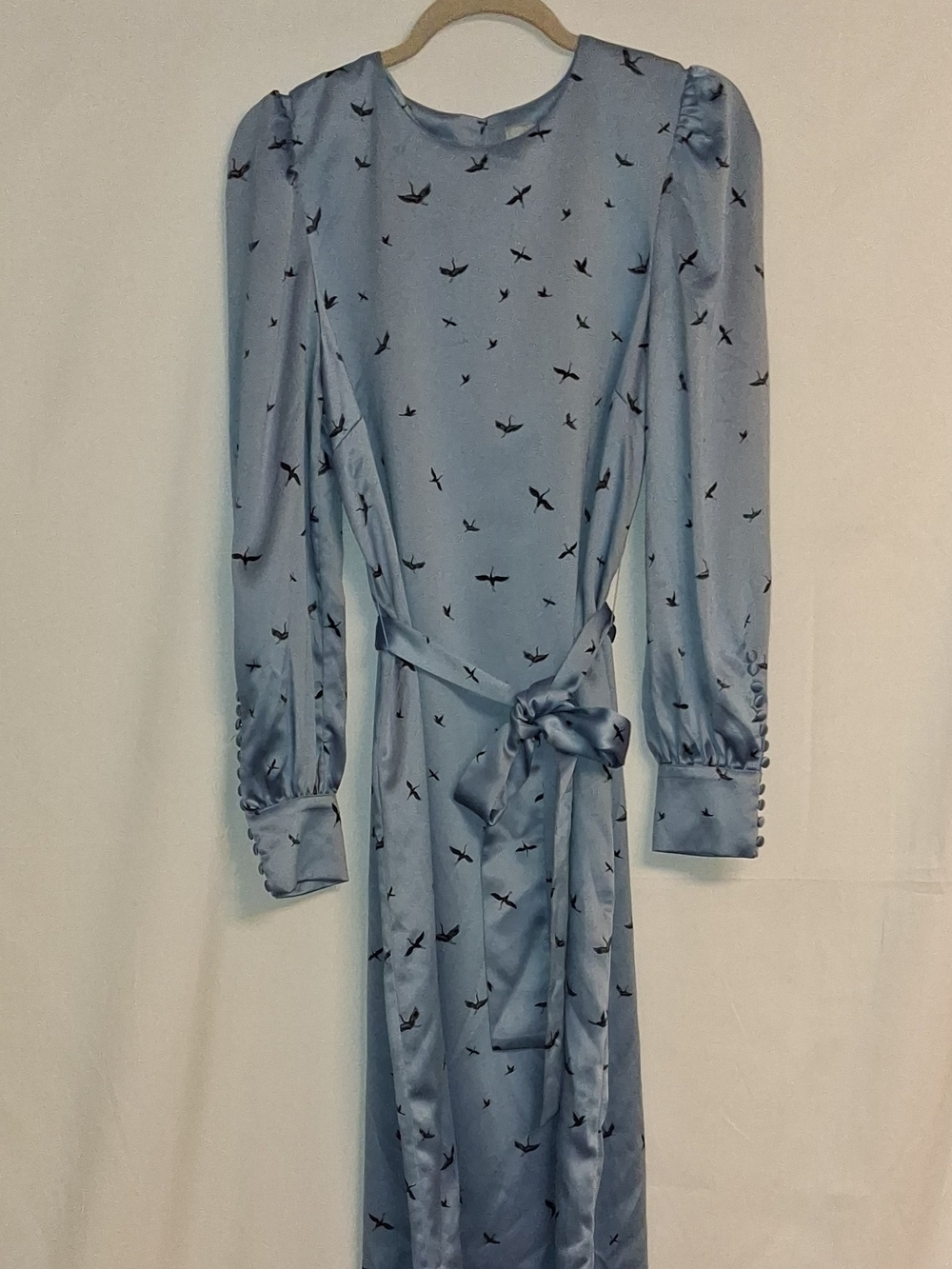 H&M Light Blue Crane Bird Print Long Sleeve Tie-Waist Dress 14